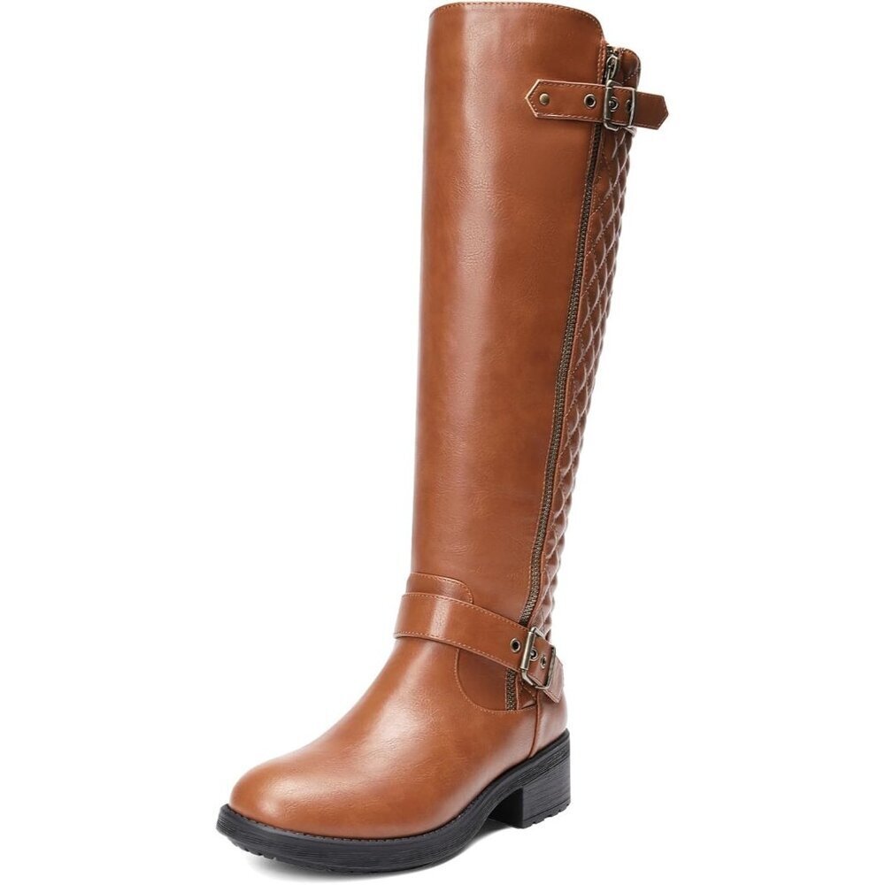 DREAM Light Brown PAIRDREAM PAIRS Comfortable Block Heel Side Zipper Biker Boots